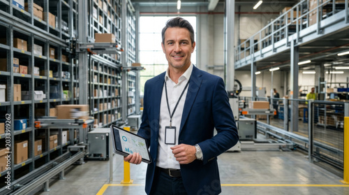 A professional Caucasian man in formal attire holding a tablet, smiling confidently in a modern warehouse environment.