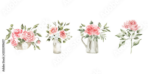 Elegant watercolor floral clipart collection featuring blooming pink peonies arranged in vintage vases, pitchers and decorative containers. Hand-painted in a soft cottagecore style