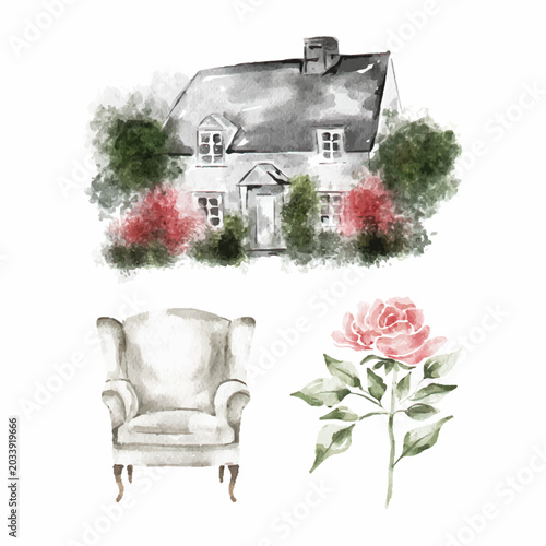 Watercolor Cottagecore Collection with Country House, Vintage Armchair and Pink Peony