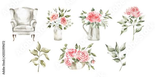 Cottagecore Watercolor Clipart Collection with Peonies, Vintage Armchair and Botanical Elements