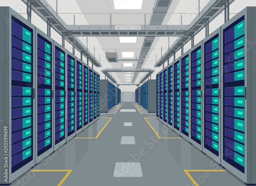 Canvas Print vast modern server vault stretches into the distance filled with rows of gleamin