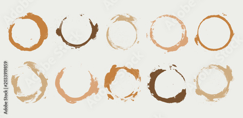 Coffee or tea cup stains in a row, circular coffee marks on a white background collection. Coffee stains, coffee rings, marks in a repeating pattern. Vector coffee stains round, ring texture set.