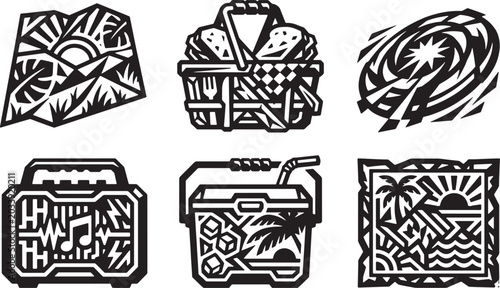 Photos Picnic and summer recreation black and white linocut icon set