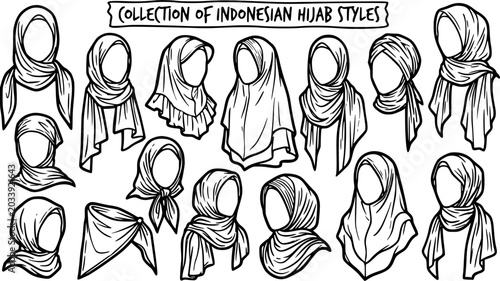 Tableau sur toile Black and White Line Art Collection of Indonesian Hijab Styles