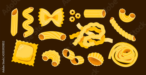 Foto Italian pasta collection with spaghetti, ravioli, rigatoni, and fusilli
