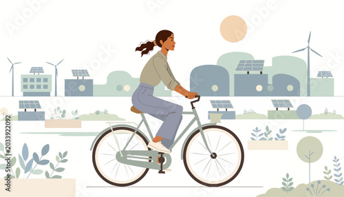 Sustainable Future Woman Rides Bike Through Green Cityscape Illustration