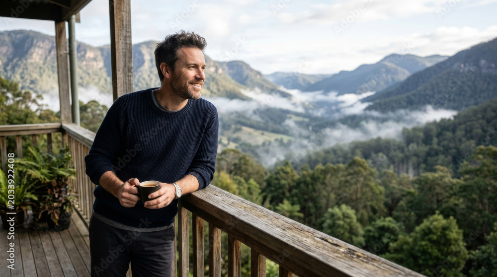 Naklejka premium A smiling Caucasian man enjoys coffee on a wooden porch, overlooking a breathtaking mountain landscape.