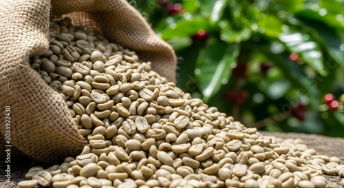 Unroasted green coffee beans spilling from burlap sack onto wood