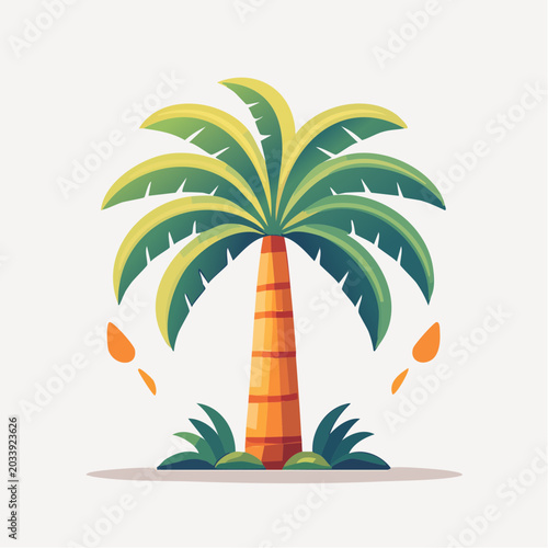 Stylized illustration of a palm tree with green fronds and orange trunk