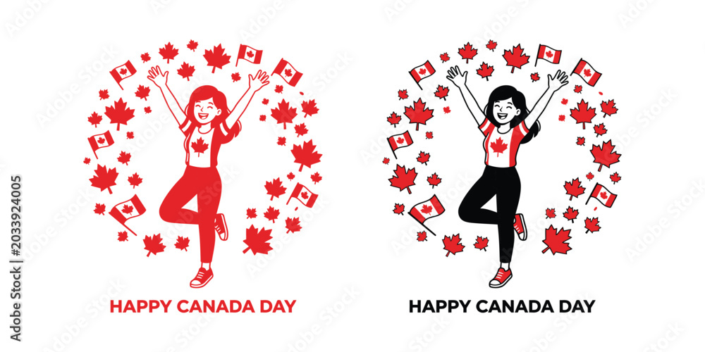 Obraz premium Canada day celebration illustration woman with maple leaves and flags