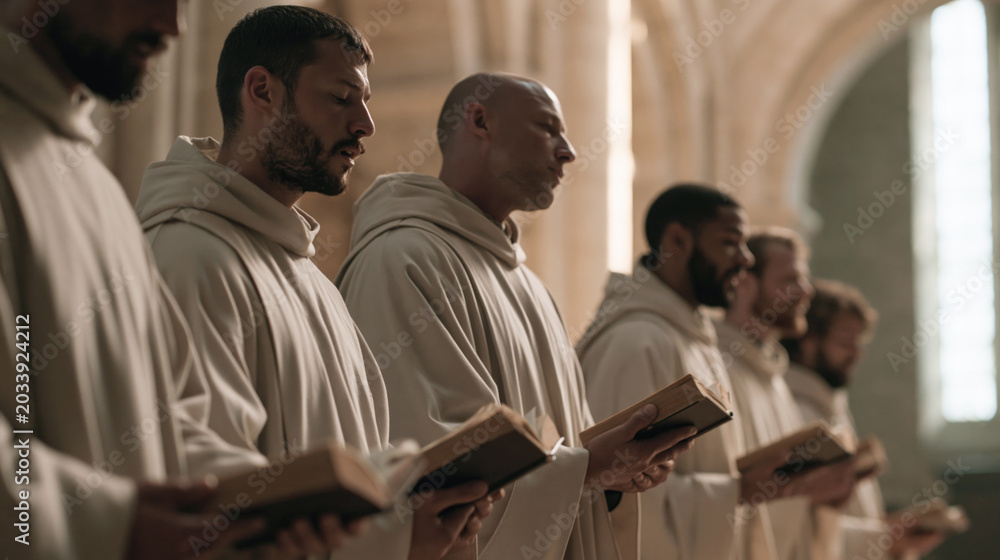 Fototapeta premium Monks in white robes chant from prayer books inside a softly lit church during religious service. Selective focus.