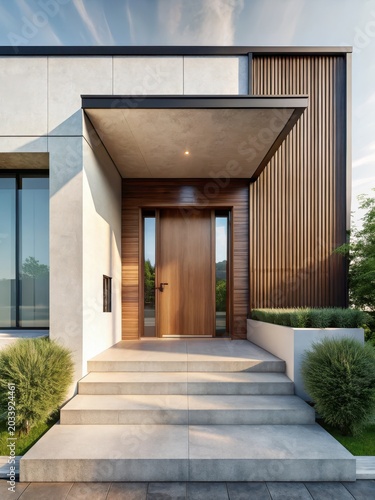 Modern minimalist house entrance with wooden front door and modern porch