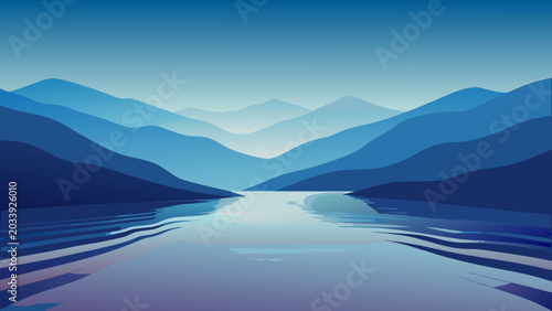 Picturesque blue layered mountain landscape with flowing river and reflections mountains landscape reflection tranquil peaceful gradient environment abstract illustration minimalist