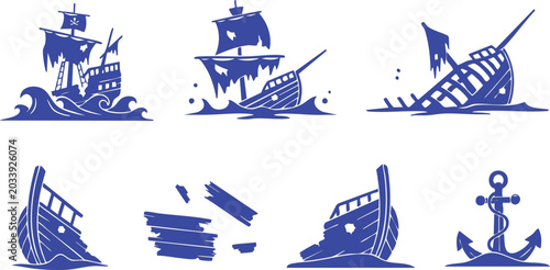Black silhouette illustrations of pirate ships and nautical elements on white background