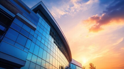 Modern office building exterior at sunset