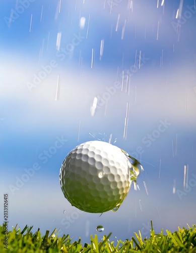 White Dimpled Golf Ball Splashing Water Above Green Grass on Rainy Blue Background