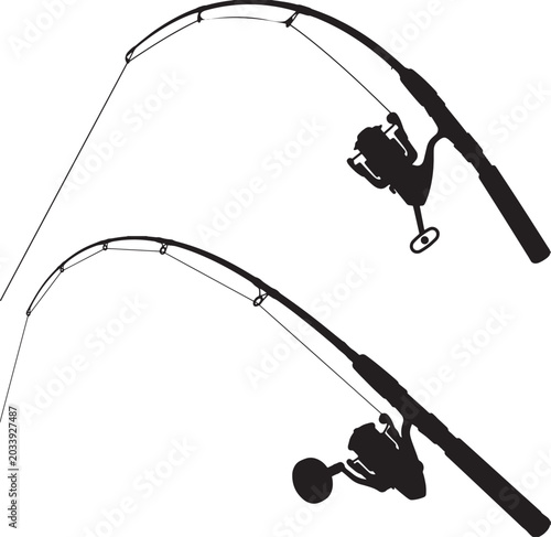Obraz na plátně Bent fishing rod with spinning reel silhouette vector