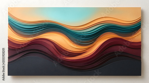 Abstract layered artwork with wavy lines and earth tones wall art paper craft