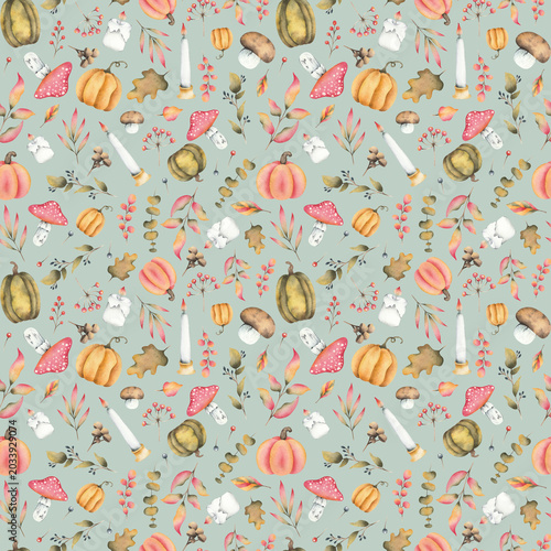 Bild auf Leinwand An autumn pattern with watercolor pumpkins, mushrooms, candles, and branches