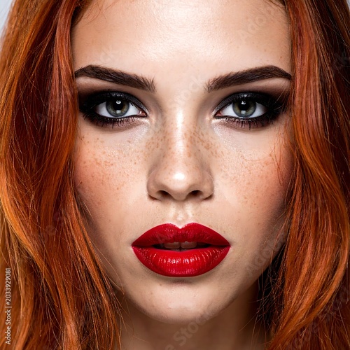 Striking Red Haired Woman with Bold Makeup in Studio Close Up Portrait