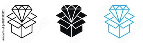 Diamond emerging from opened gift box icon set in black and blue vector illustration