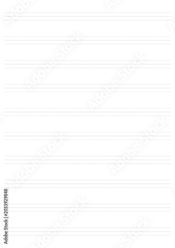Blank handwriting practice sheet isolated on white background. Primary writing paper lined template vector illustration. Dotted midline worksheet for kids penmanship, alphabet learning and school.