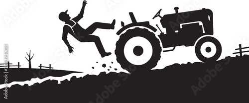 Tableau sur toile Farmer Falling Off Driving Agriculture Tractor Machine Silhouette