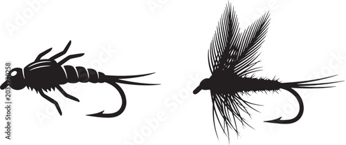 Foto Fly fishing lure and artificial insect bait silhouette vector set