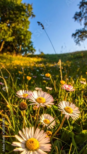 Sunlit Wild Daisies Blooming in Grassy Meadow at Golden Hour