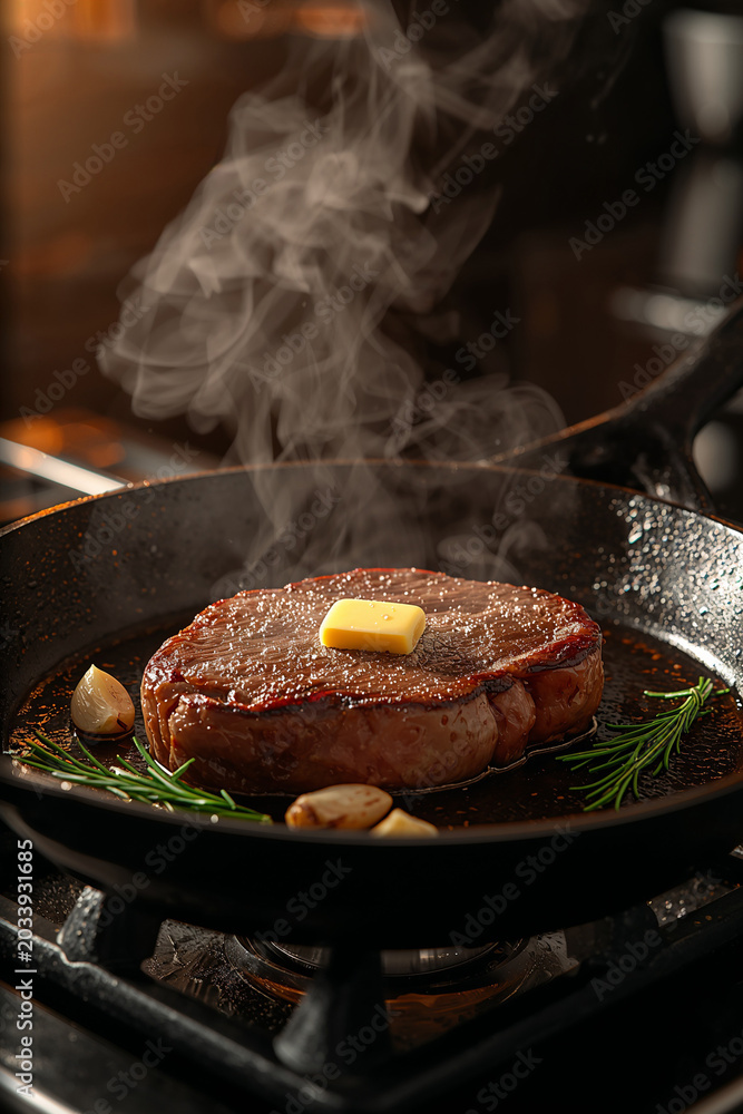 Fototapeta premium AI-generated juicy steak cooking on cast iron skillet with butter, garlic, thyme, and rosemary for perfect crust