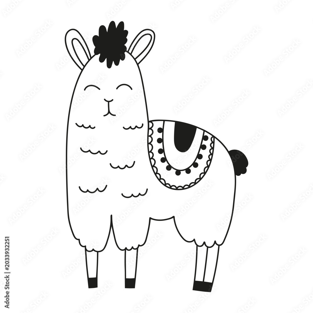 Obraz premium Cute alpaca animal doodle. Hand drawn funny alpaca relaxing and enjoying life in cartoon childish style