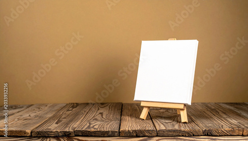 Blank Canvas on Easel: An empty canvas sits on a wooden easel against a warm brown backdrop, ready for creative inspiration or artistic expression.