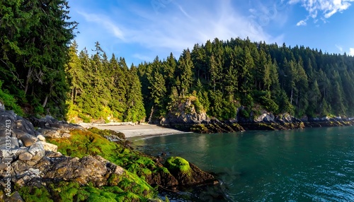 Rocky Forested Coastline Curving Around Calm Blue Bay Under Clear Sky