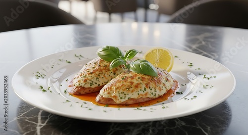 A gourmet plate of chicken romano with melted cheese topping and fresh basil leaves, beautifully served with a slice of lemon on a dark marble table top