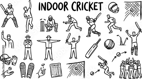 Obraz na płótnie Indoor Cricket Icon Set: Black and White Line Art Illustrations for Sports  Recr