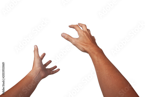 Male asian hand gestures isolated over the white background. Grab pose. First person view.