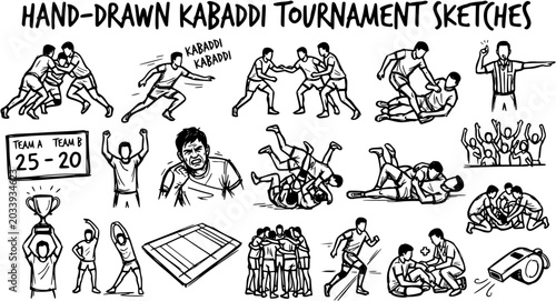 Fotografi Hand-drawn Kabaddi Tournament Sketches: Action, Players, Ref, Scoreboard, Trophy