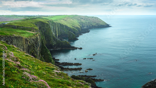 Dramatic sea cliffs at the Old Head of Kinsale at rain with misty Atlantic views, County Cork, Ireland.