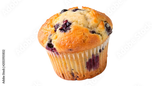 Photography Sweet delicious fresh baked blueberry muffin with golden crust isolated on trans