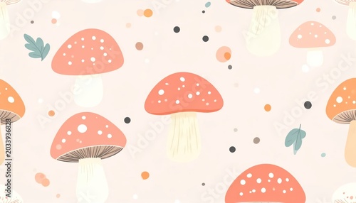 Whimsical Red Mushrooms Arranged in Pastel Botanical Pattern