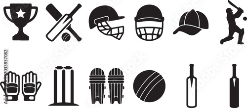 Cricket equipment and accessories icon set