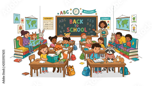 Canvastavla First Day of School Excitement: Young children and woodland creatures alike settle into their desks, eager to learn as the teacher welcomes them to a vibrant and lively classroom