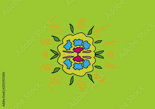 Bright colorful hand-drawn floral vector illustration with symmetric flower bloom and spiral elements, isolated on a vibrant lime green background.