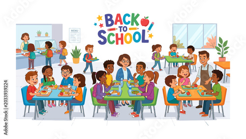 Tableau sur toile Back to School Lunchtime: A vibrant illustration depicts a bustling school cafeteria filled with diverse children and teachers enjoying a meal together, celebrating the start of the new academic year
