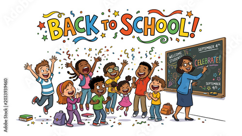 Quadro su tela Back to School Excitement: A diverse group of enthusiastic children and their teacher celebrate the start of a new school year with confetti and colorful decorations, exuding joy and anticipation
