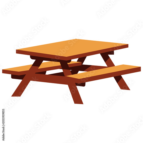 Wooden picnic table with benches, outdoor dining furniture, vector illustration icon design.