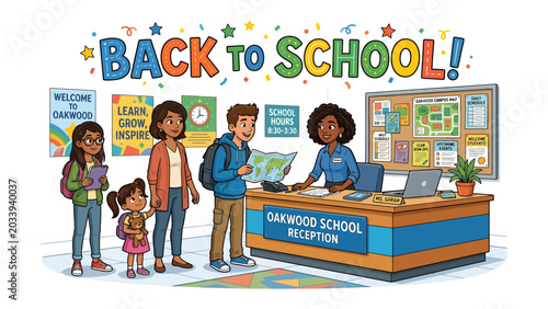 Fényképezés Back to School Welcome: A diverse group of students and parents are welcomed to school at the reception desk, ready for a new academic year filled with learning and growth