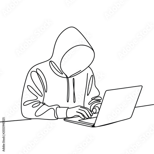 Anonymous person in hoodie typing on laptop continuous line art illustration