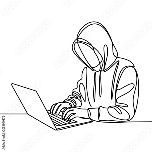 Continuous line drawing of a hooded hacker typing on a laptop, depicting