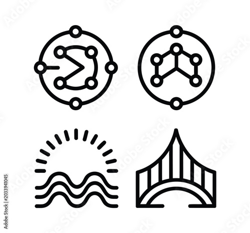 Four abstract icons: connection network sunrise bridge with abstract, connection